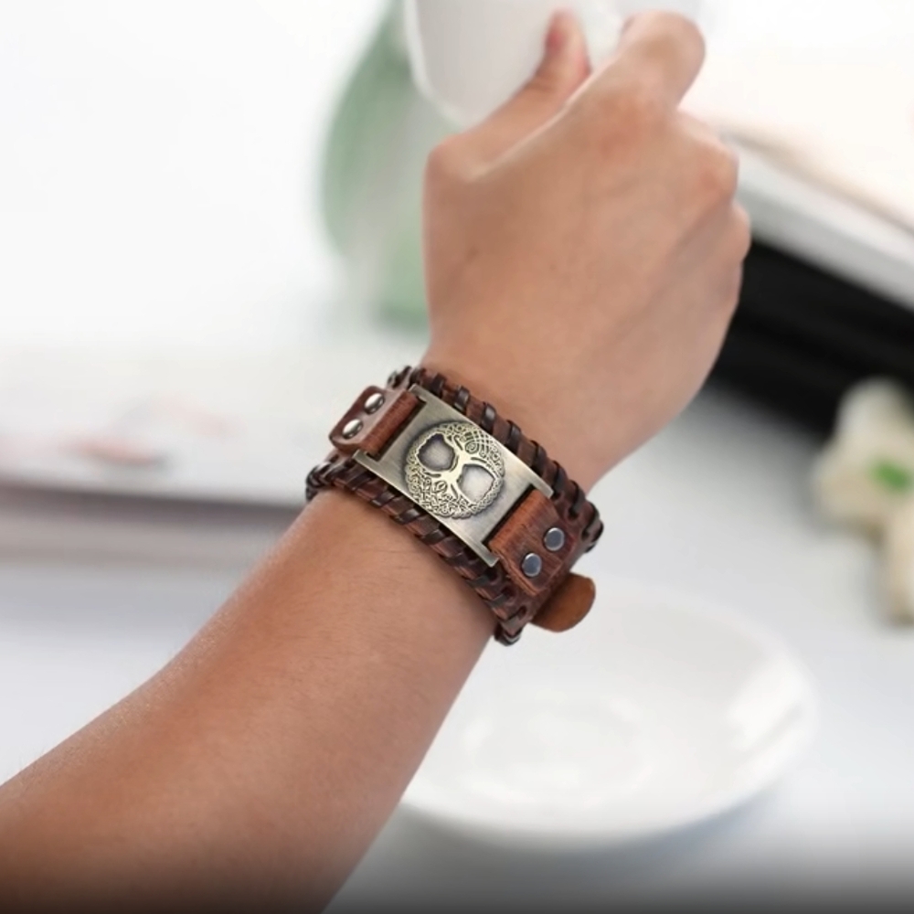 Men's Leather Cuff Bracelet with Metal Tree of Life Emblem